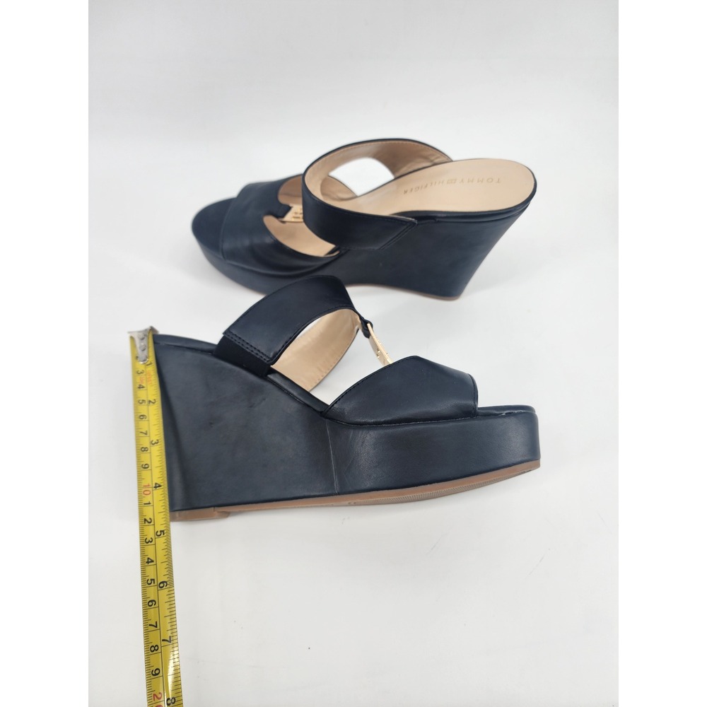 Tommy Hilfiger Womens Black Leather Wedge Platform Sandals Gold Logo Size 9M - Picture 8 of 8